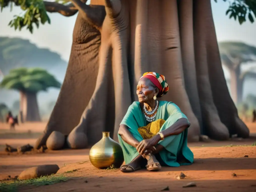 Abuela centroafricana cuenta historias de resistencia bajo baobab con sus nietos