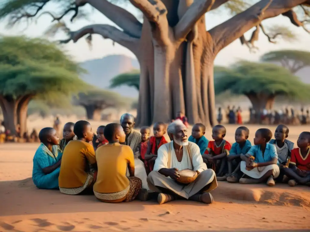 Abuelo africano comparte sabiduría bajo baobab con niños atentos