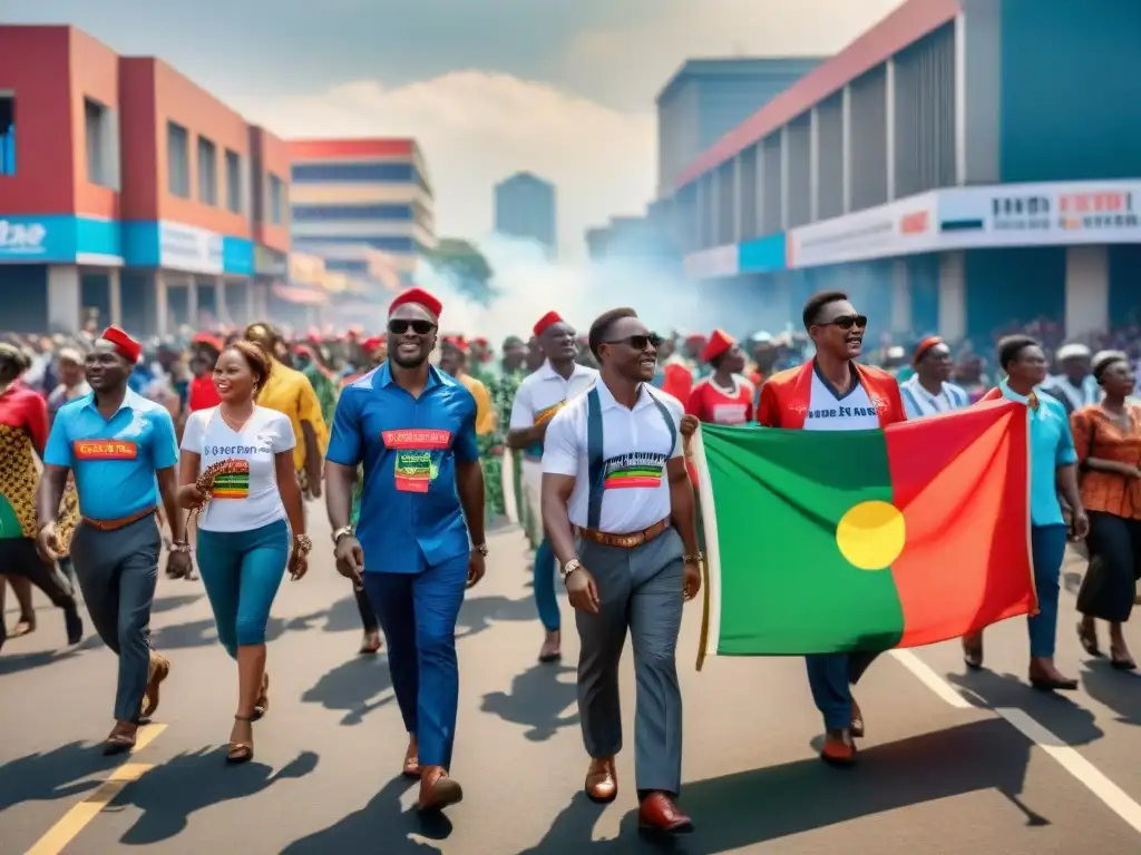 Activistas malauíes marchan con banners y trajes tradicionales bajo el sol, simbolizando la unidad y resiliencia en su camino hacia la independencia