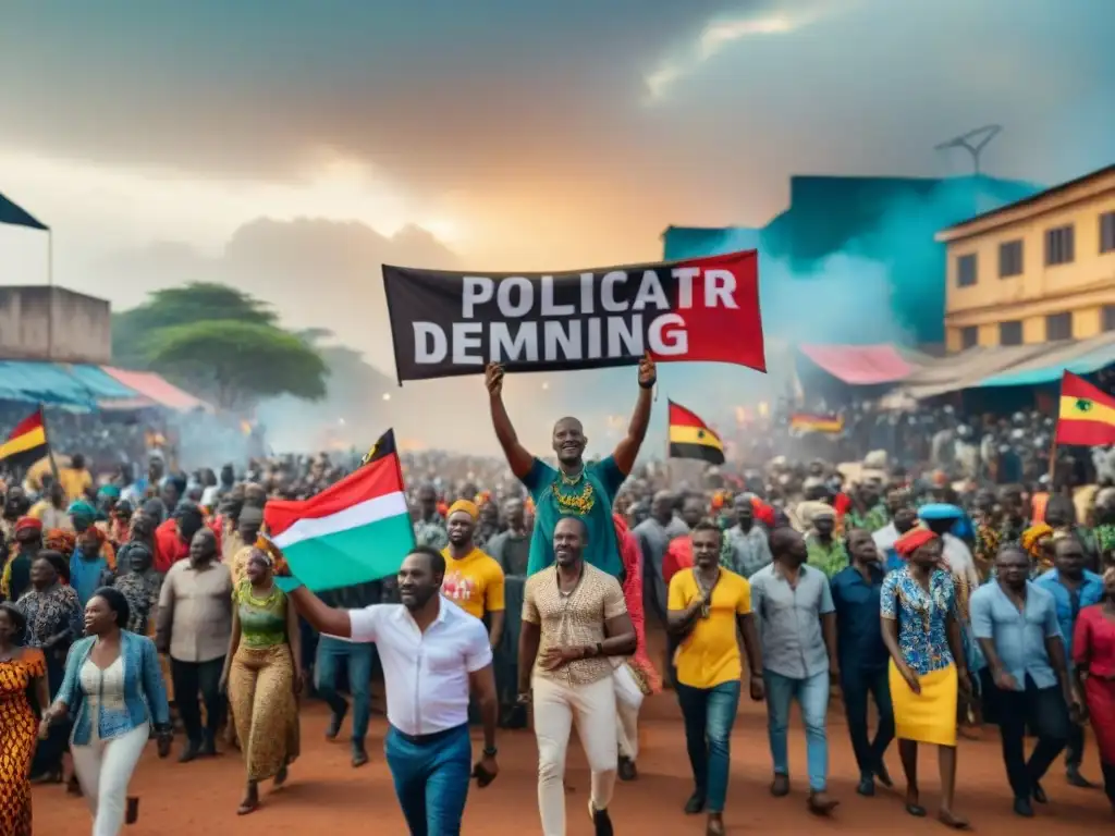 Activistas marchan por ciudad africana, mostrando pancartas coloridas en apoyo a movimientos políticos africanos influencia cultura