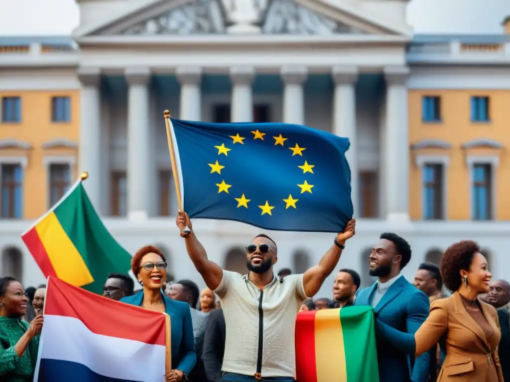 Manifestación política de activistas de la diáspora africana frente a edificio gubernamental europeo