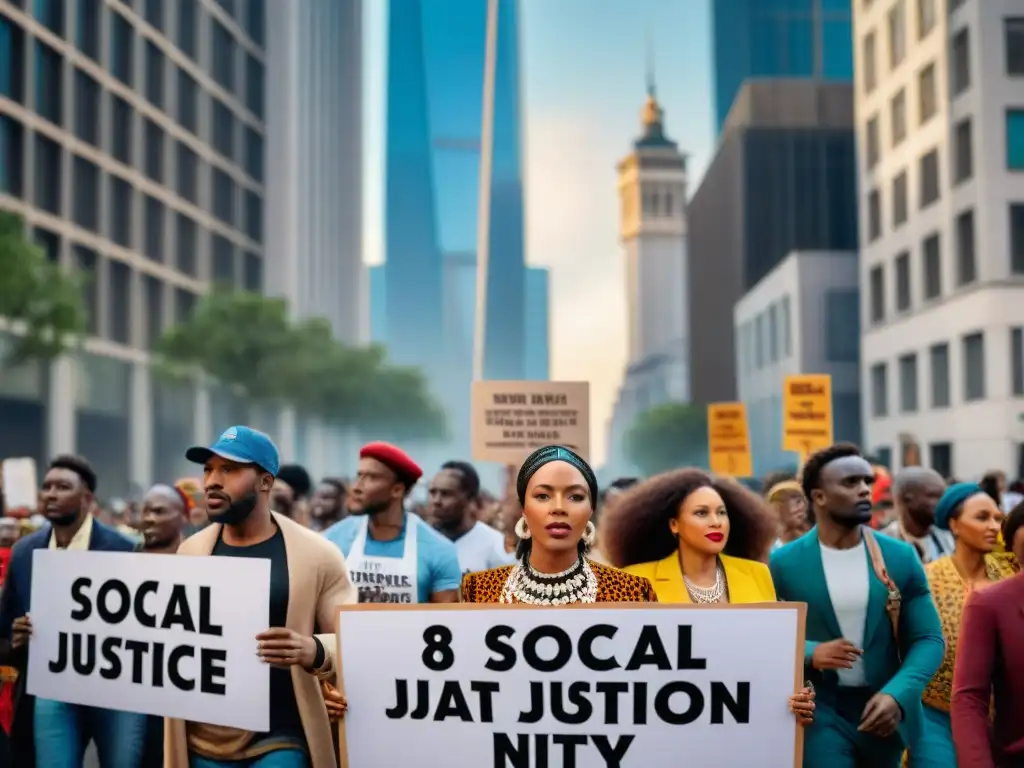 Diversos activistas de la diáspora africana marchan juntos en la ciudad, llevando carteles por Movimientos justicia social diáspora africana