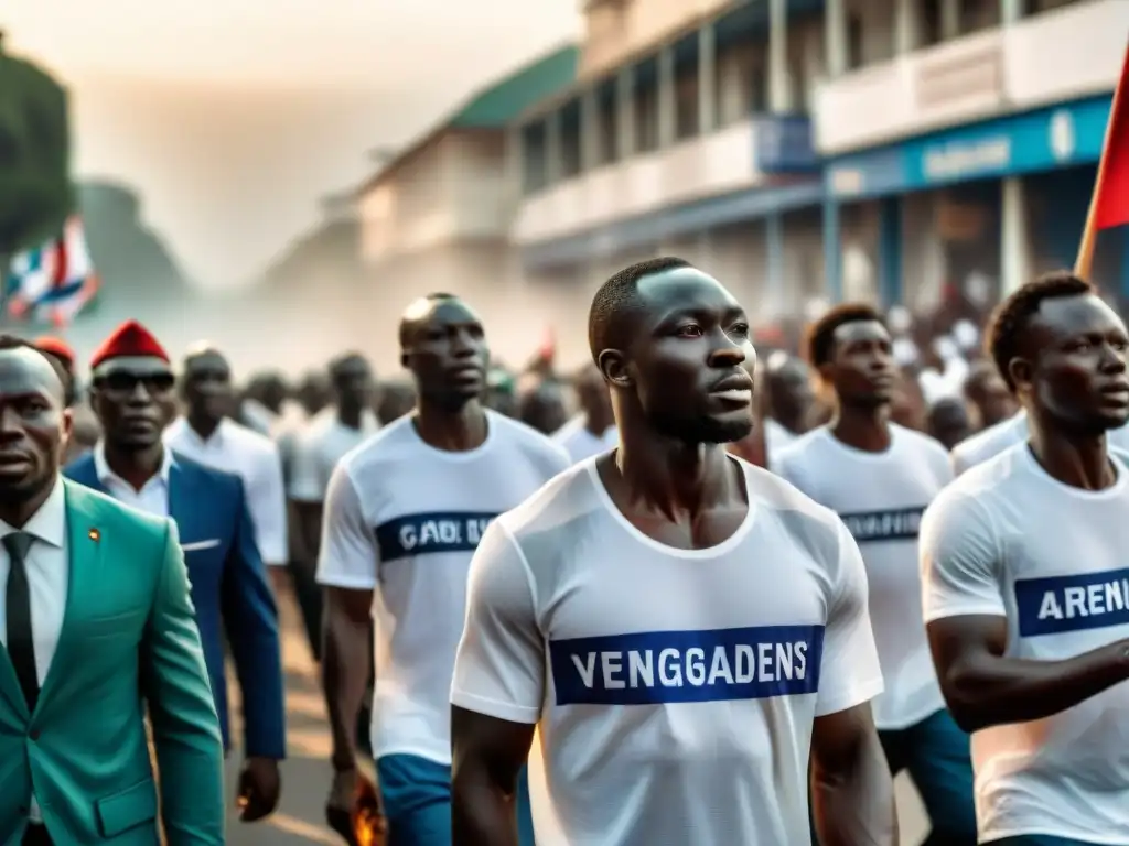 Manifestación de activistas gambianos con pancartas de independencia y bandera nacional ondeando, simbolizando la influencia de Gambia en África