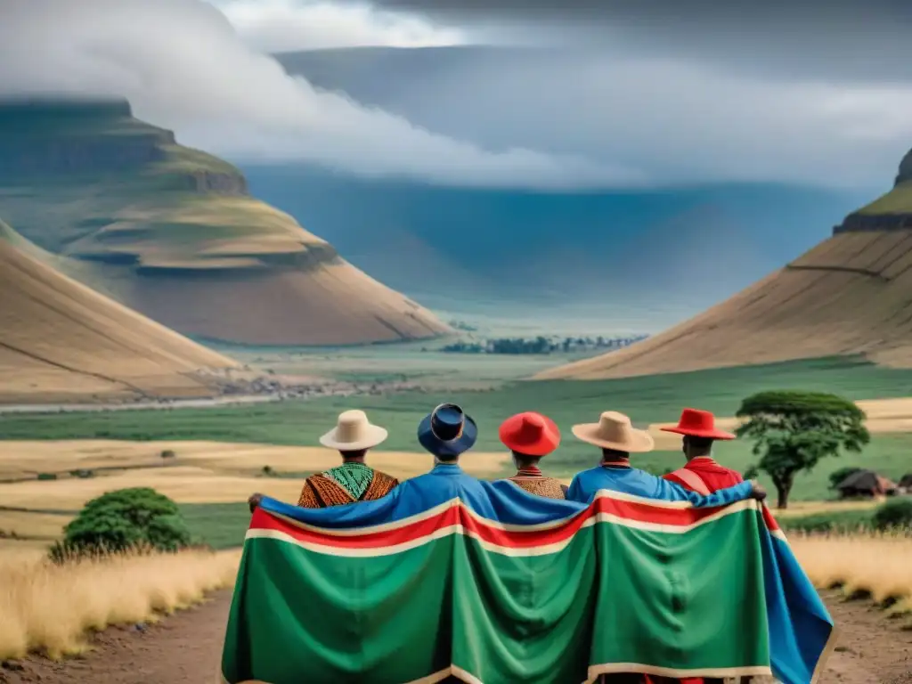 Activistas marchan por la independencia Lesotho entre montañas y cielo dramático