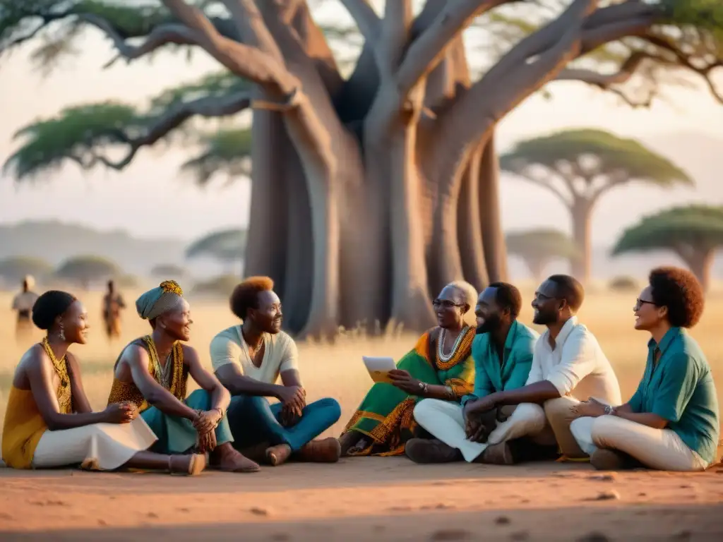 Activistas de lenguas vivas civilizaciones africanas debatiendo bajo un baobab al atardecer