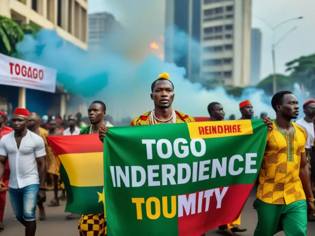 Activistas togoleses marchan por la independencia y la identidad nacional en Lomé, con atuendos tradicionales y pancartas vibrantes