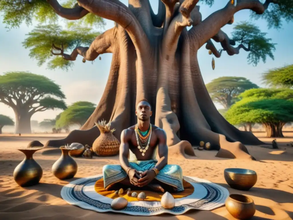 Un adivino africano practicando la adivinación bajo un baobab ancestral, rodeado de artefactos simbólicos