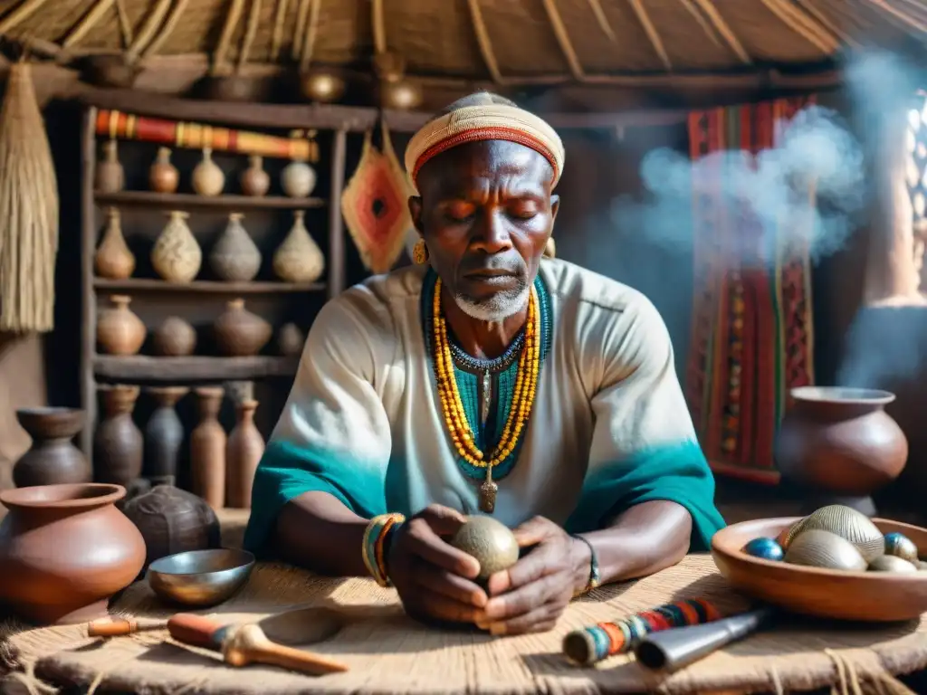 Un adivino africano en plena ceremonia, rodeado de herramientas tradicionales