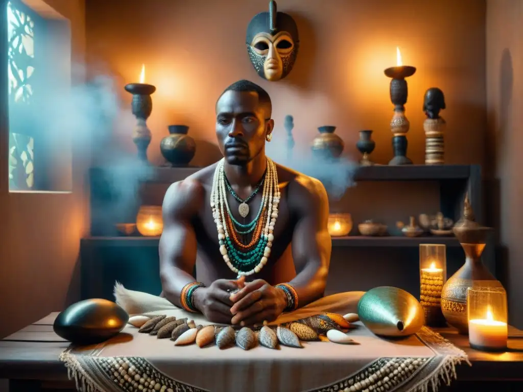 Un adivino africano en prácticas espirituales, lanzando piedras en un cuarto lleno de símbolos y misticismo