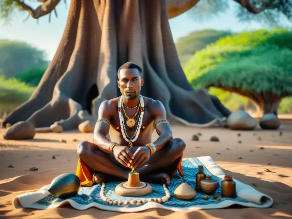 Un adivino africano realiza una ritual bajo un baobab