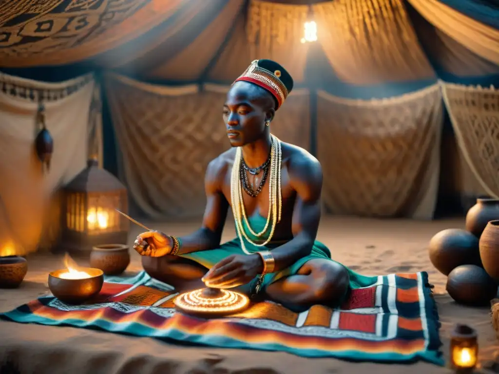 Un adivino africano practica rituales espirituales en una cabaña iluminada por velas