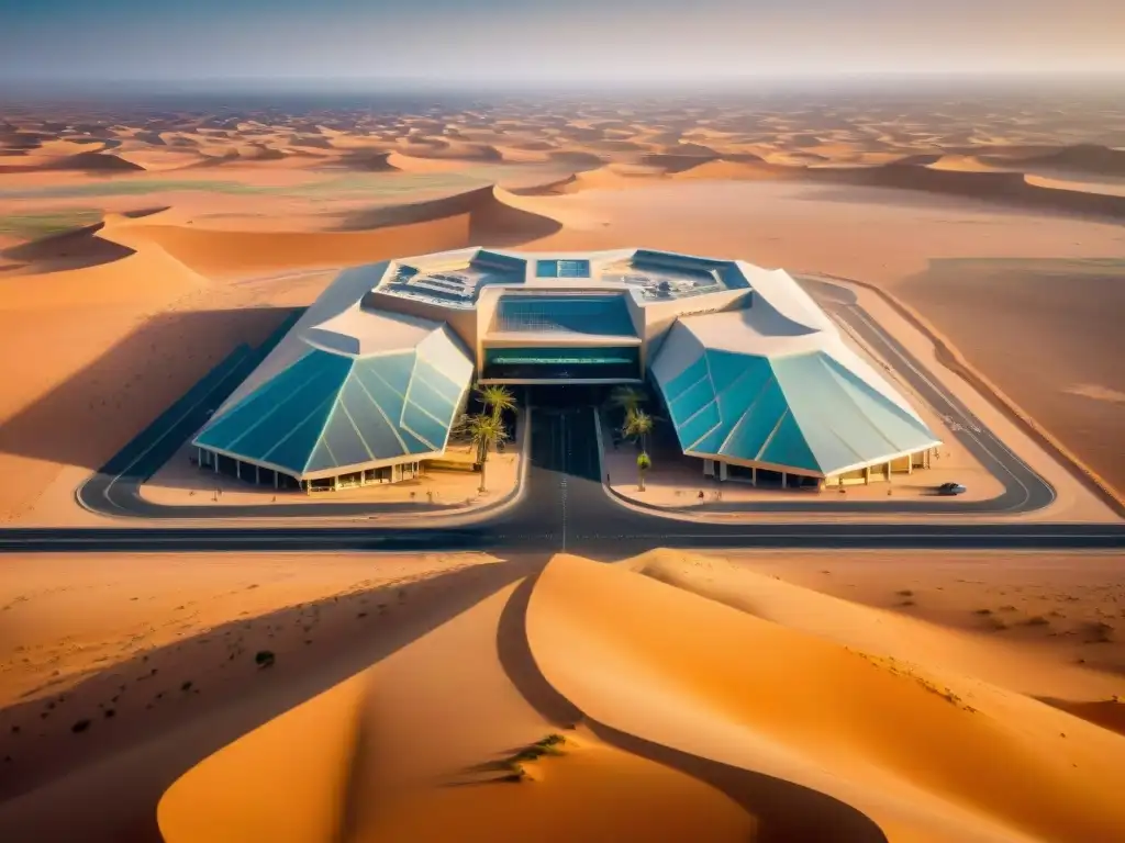 Fotografía aérea de un centro comercial futurista en el Sahara, mostrando el contraste entre modernidad y naturaleza