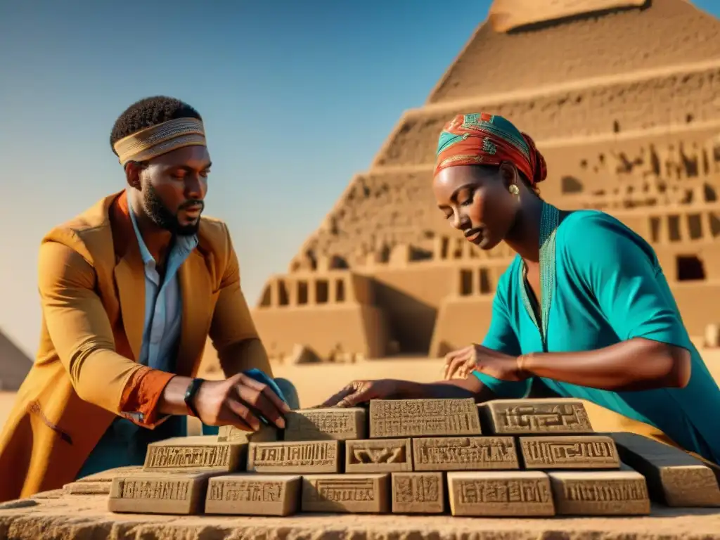 Ingeniería africana: antiguos ingenieros tallando jeroglíficos en piedra con precisión bajo el sol abrasador