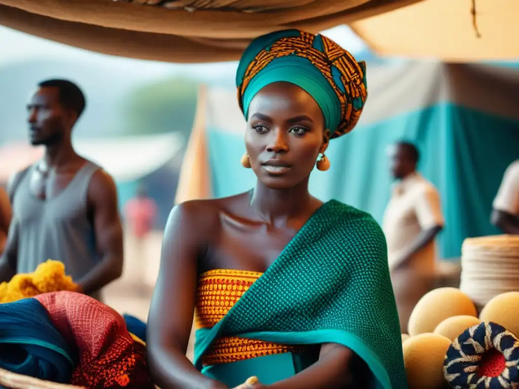 Inspiración moda ética africana: Artesanos africanos crean textiles vibrantes y detallados en mercado al aire libre