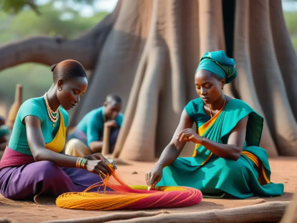 Inspiración moda ética africana: Artesanos africanos tejiendo textiles tradicionales bajo un baobab