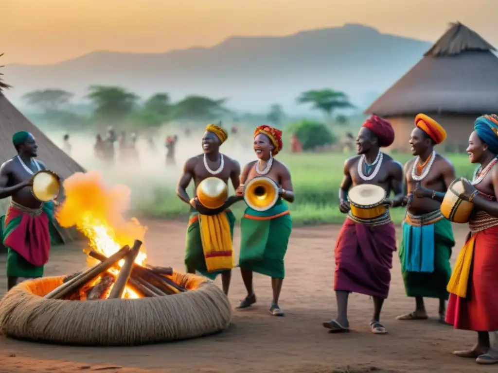 Celebración tradicional africana al atardecer en una aldea rural