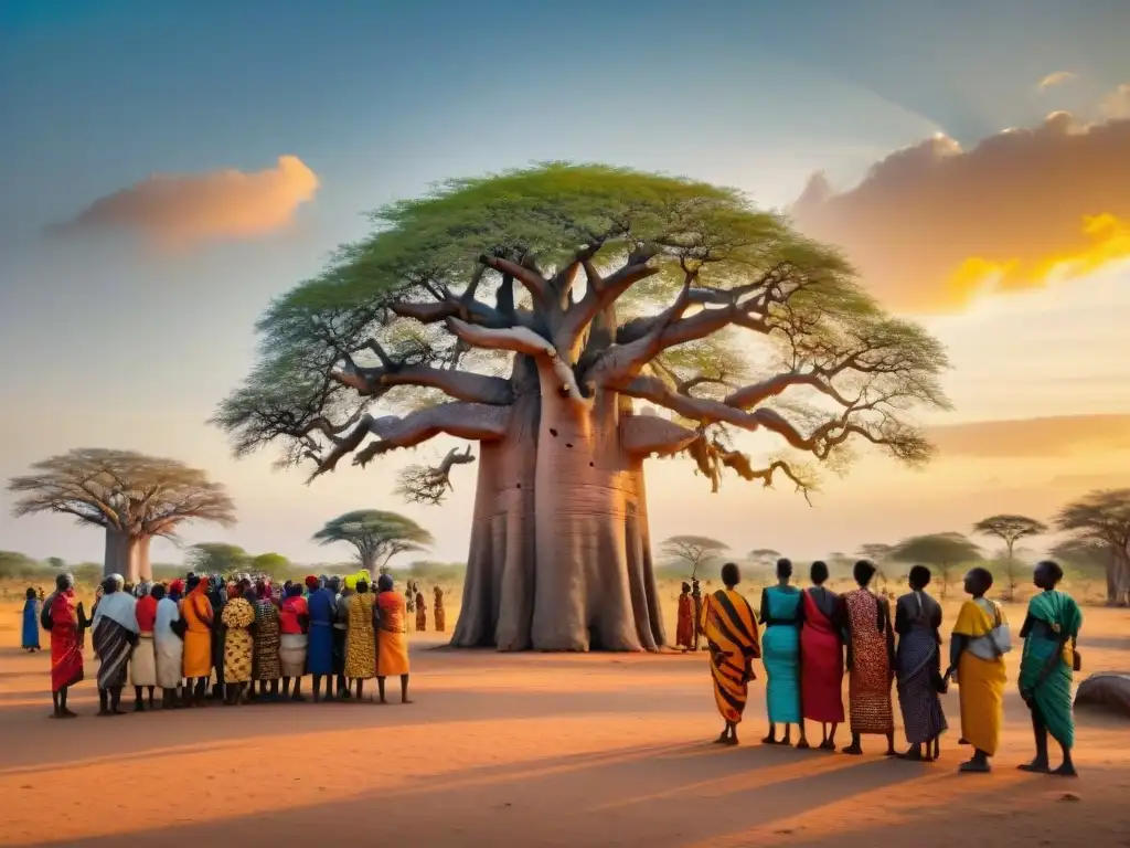 Celebración africana bajo un baobab al atardecer, en ritmo con la naturaleza