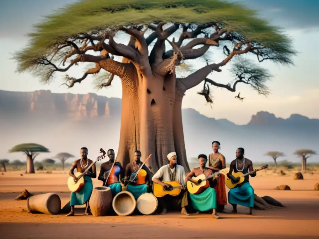 Música africana y cambio climático: Músicos africanos tocando bajo un baobab en tierra seca, reflejando resiliencia y esperanza