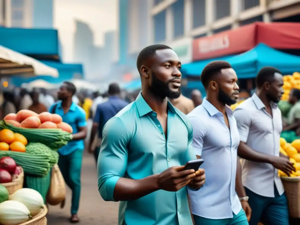 Una fotografía africana contemporánea que muestra un bullicioso mercado en Lagos, Nigeria, con detalles vibrantes y una atmósfera caótica y vibrante