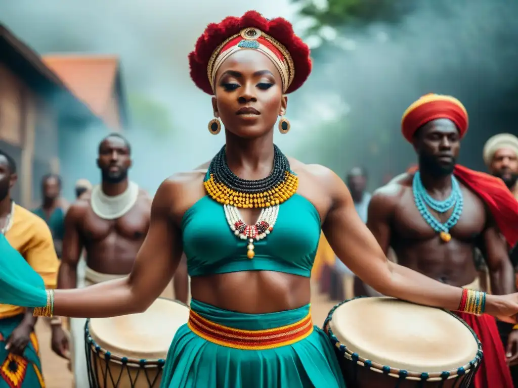 Diáspora africana conexión cultural: Grupo danzando con atuendos vibrantes y elementos tradicionales, celebrando identidad y herencia