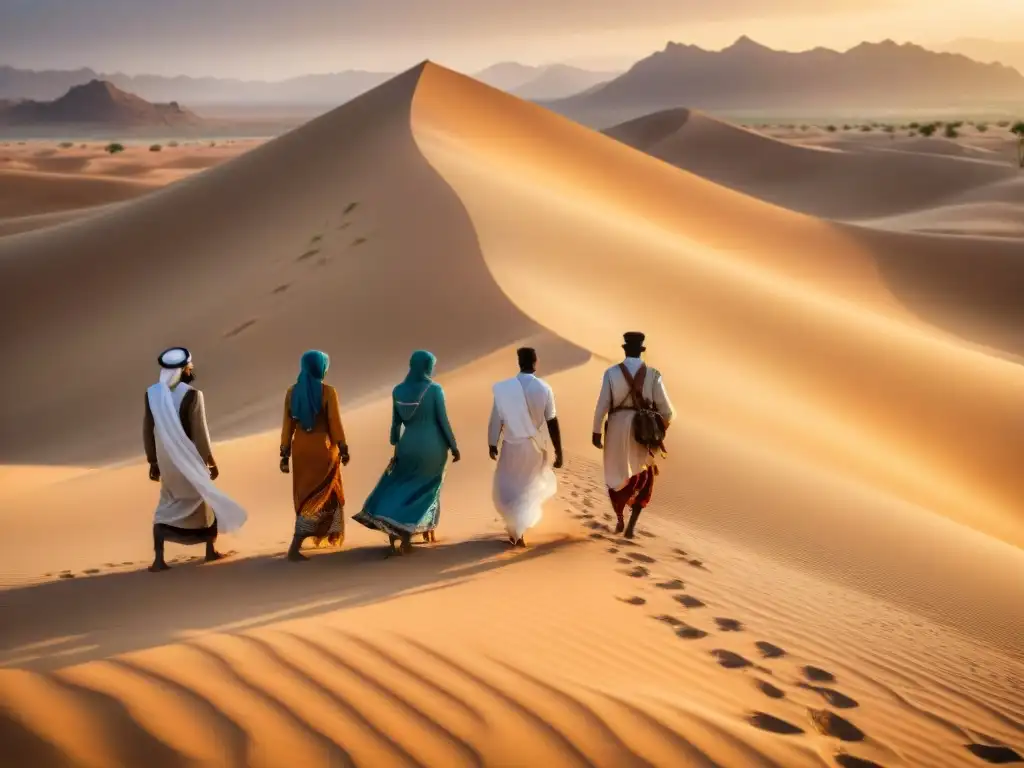 Celebración africana en el desierto de Arabia: Beduinos danzando al ritmo de la música en la arena dorada