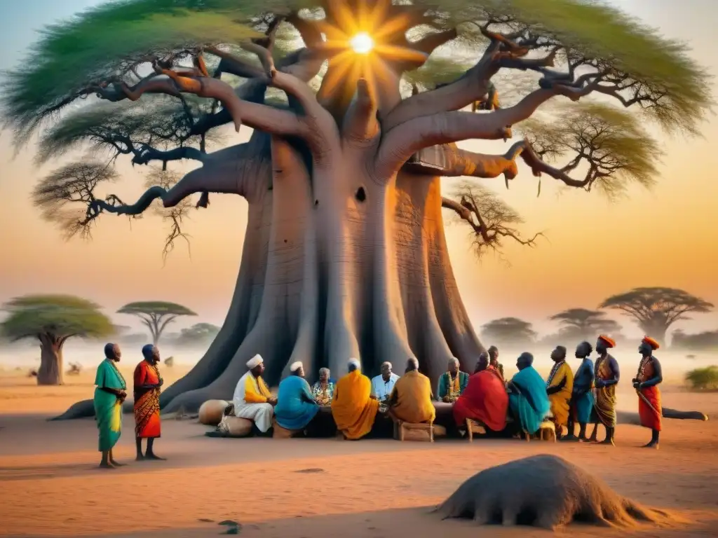 Reunión tribal africana bajo el baobab: sabiduría y tradición en la influencia de creencias en leyes africanas