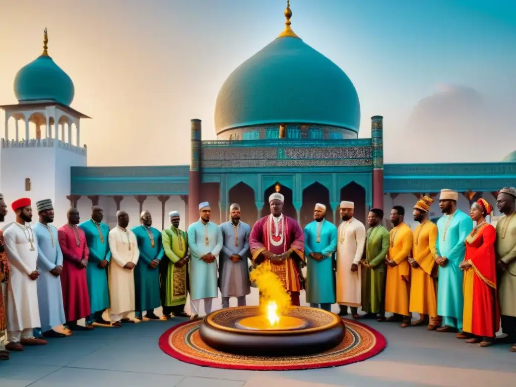 Celebración africana con influencia del Islam en África: coloridos atuendos, tambores y arquitectura islámica