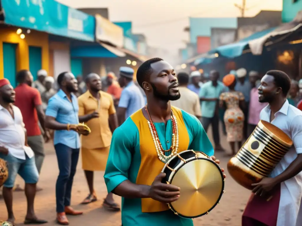 Música africana llena de vida en Lagos, Nigeria, con músicos y multitud vibrante al atardecer