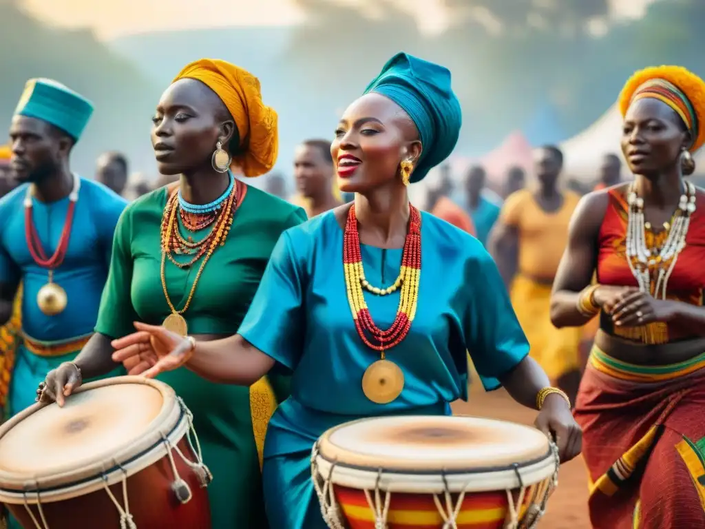 Celebración africana: vibrante escena festiva con gente colorida bailando y tocando tambores bajo el sol brillante