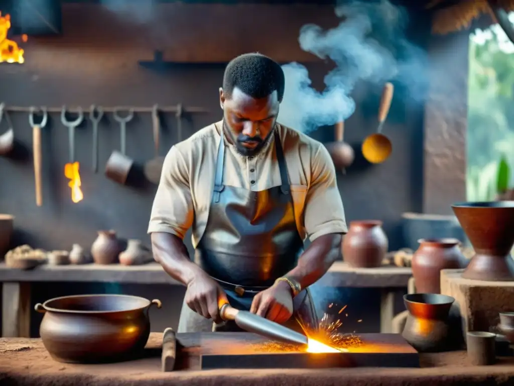 Un hábil herrero africano forjando una herramienta intrincada en su taller