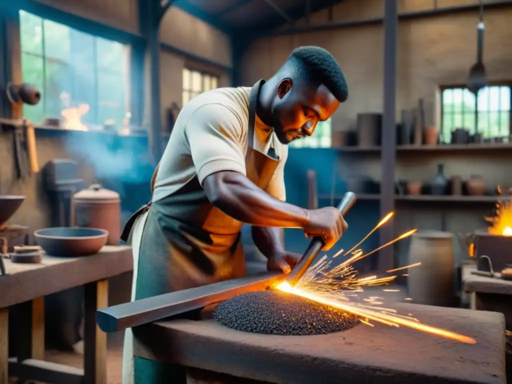 Hábil herrero africano forjando herramientas con métodos tradicionales, en un taller rústico lleno de herramientas