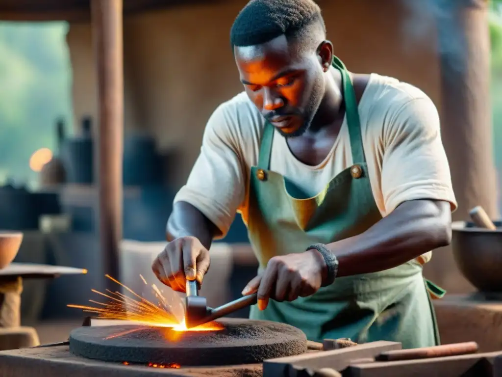 Un hábil herrero africano elabora herramientas con técnicas ancestrales en un taller rústico al aire libre, bañado por la cálida luz del atardecer