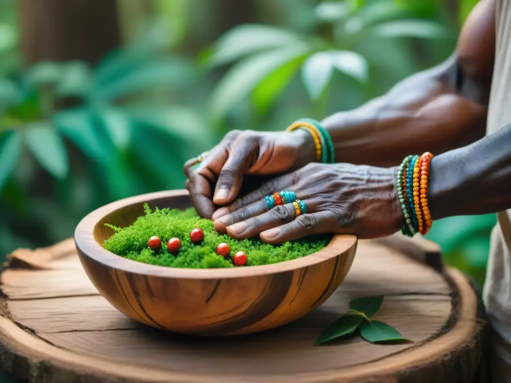 Un chamán africano coloca hierbas en un cuenco de madera en un ritual espiritual en el bosque