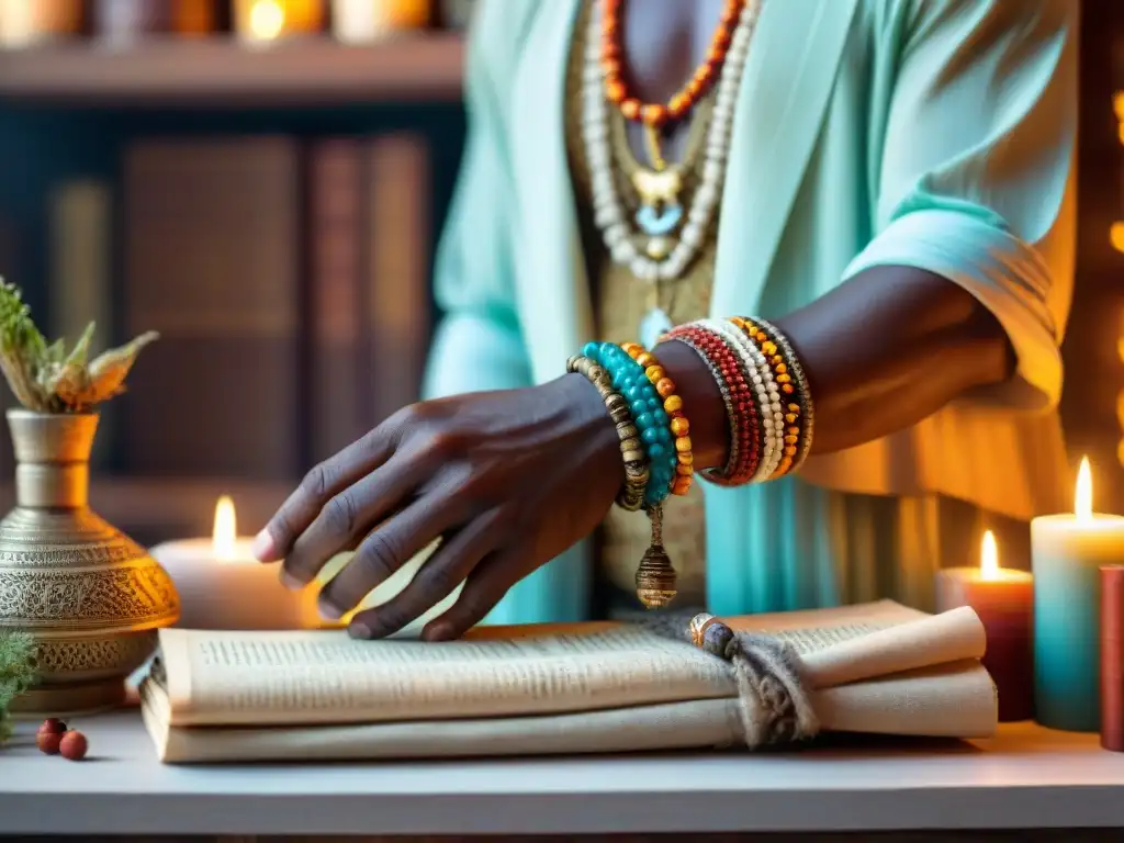 Un chamán africano entreteje hierbas y raíces para crear una poción mística, rodeado de oraciones y hechizos en África