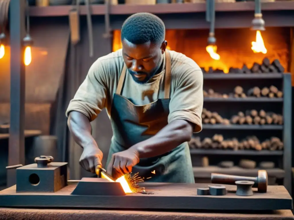 Hábil herrero africano forjando hierro en un taller tradicional de Metalurgia hierro África Subsahariana