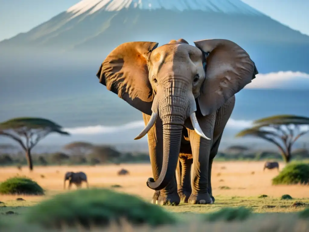 Elefante africano junto al Kilimanjaro al amanecer, reflejando la influencia global de civilizaciones africanas