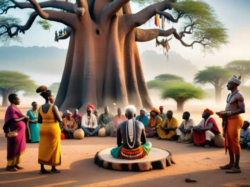 Chamán africano realiza ritual de curación bajo baobab al atardecer con comunidad diversa