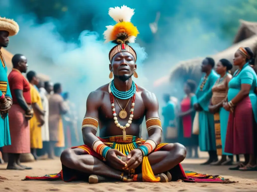 Un chamán africano dirige un ritual de curación en un mercado vibrante, rodeado de una comunidad diversa