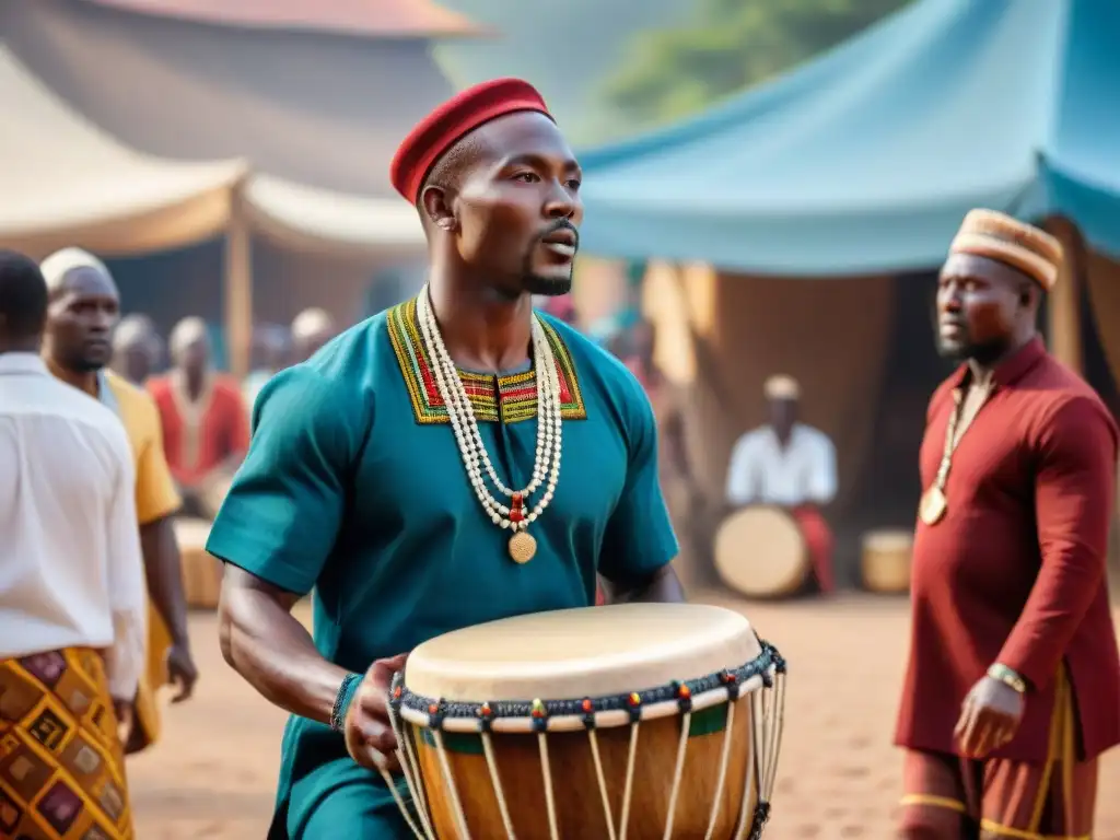 Drummer africano tocando tambor tallado a mano en vibrante plaza del pueblo