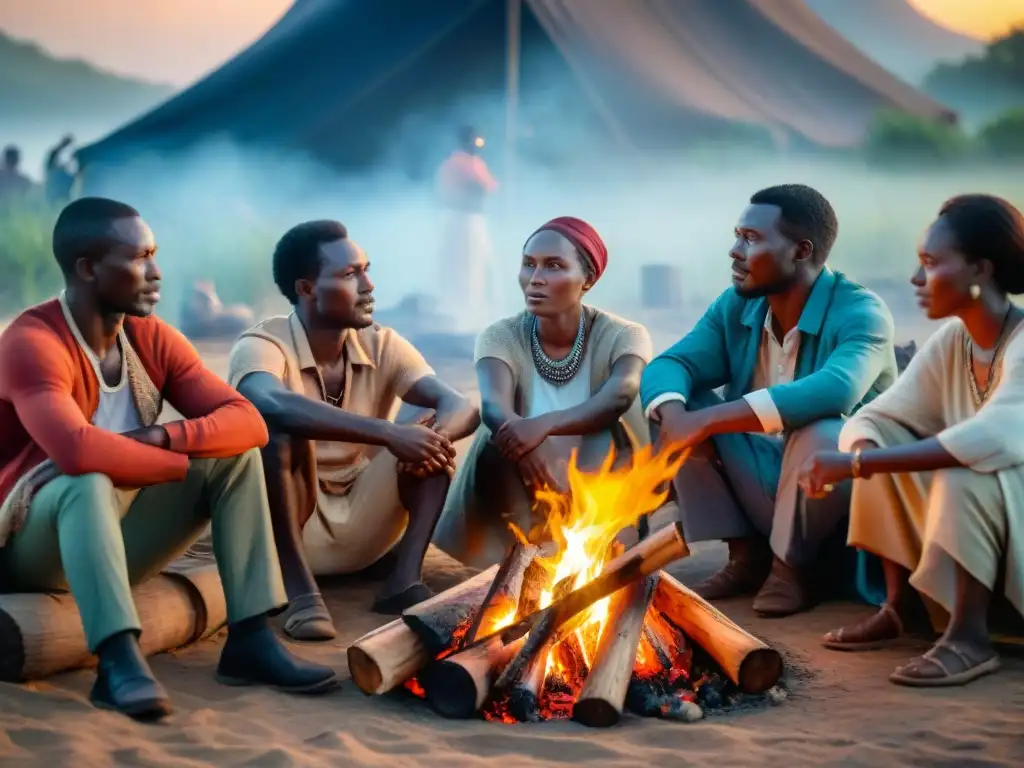 Africanos escuchando historias alrededor de fogata, reflejando la resistencia al colonialismo en África