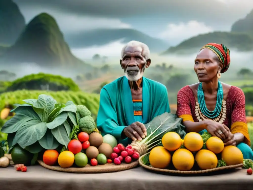 Sabiduría y tradición: ancianos africanos rodeados de frutas y verduras frescas