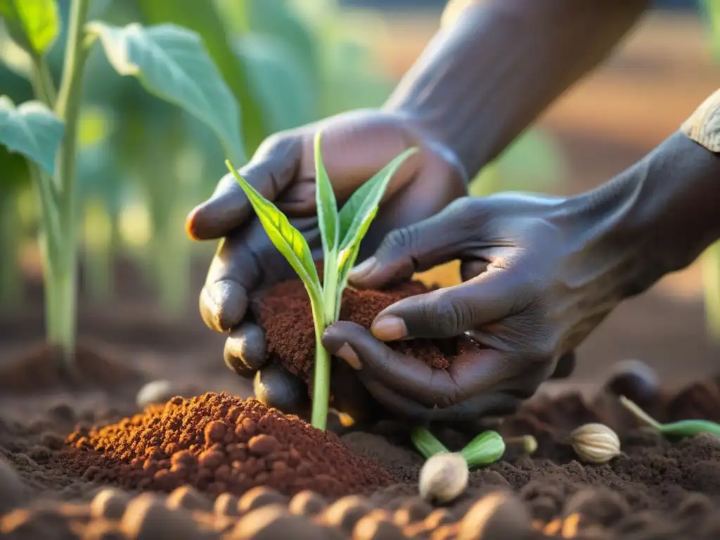 Un agricultor africano experto plantando semillas de okra en suelo rojo bajo el sol dorado