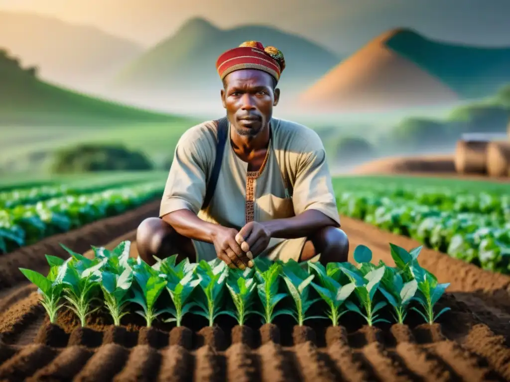 Un agricultor africano tradicional cultiva la tierra con técnicas ancestrales, rodeado de campos verdes y cultivos vibrantes