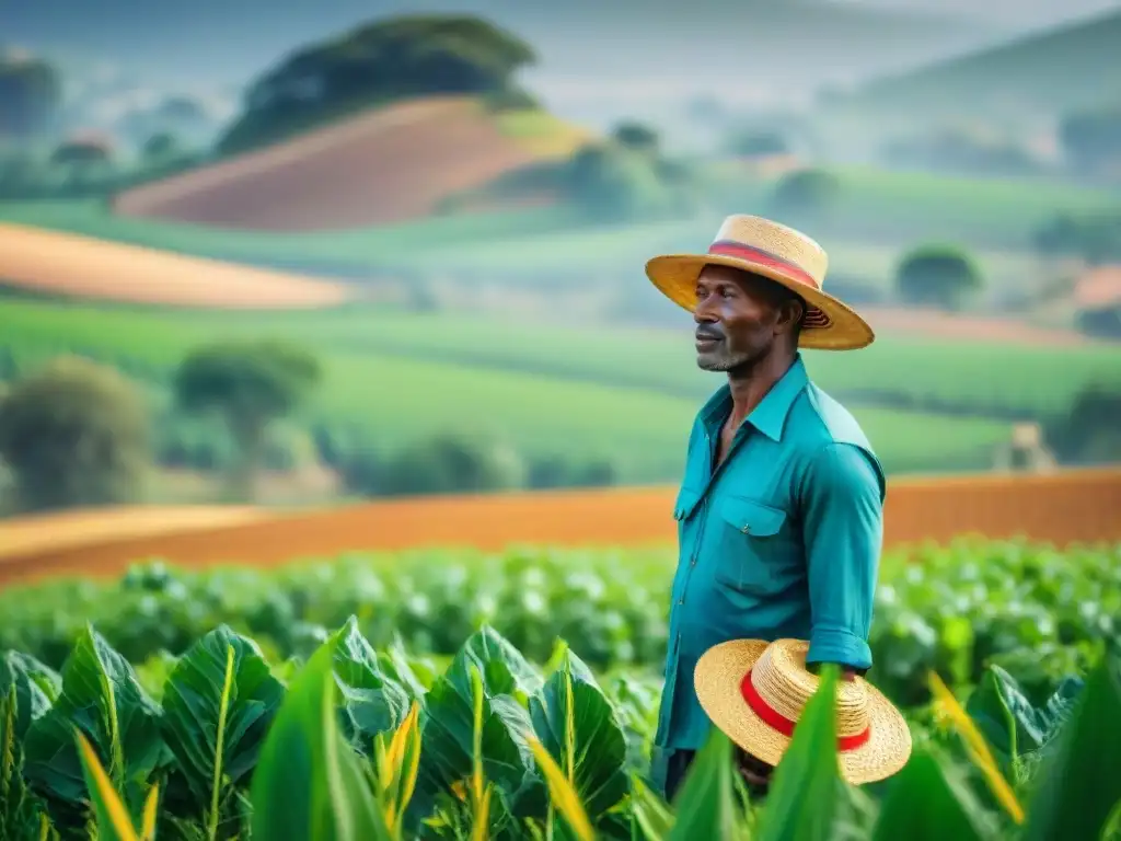 Un agricultor africano tradicional cuidando de sus cultivos bajo el sol abrasador, en un campo vibrante