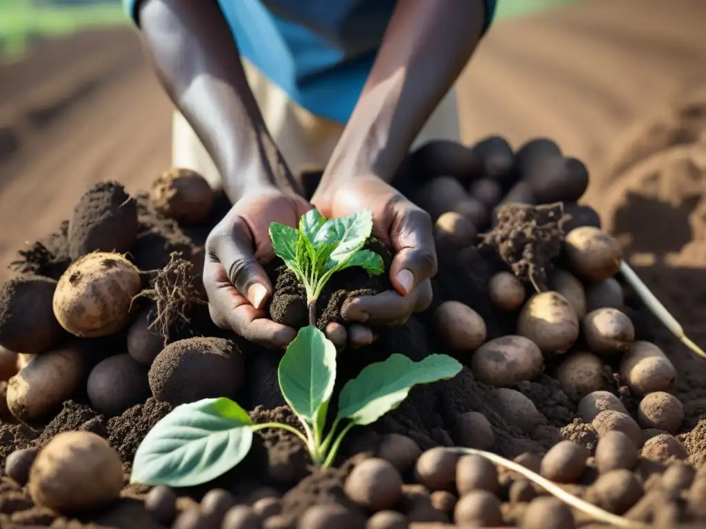 Un agricultor desentierra ñame de la rica tierra oscura, resaltando la influencia de raíces africanas