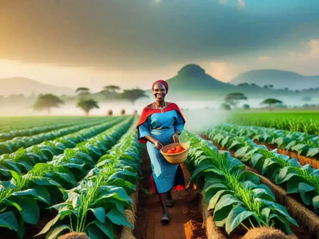 Agricultores africanos en campo verde bajo el sol, usando Técnicas agrícolas africanas innovadoras