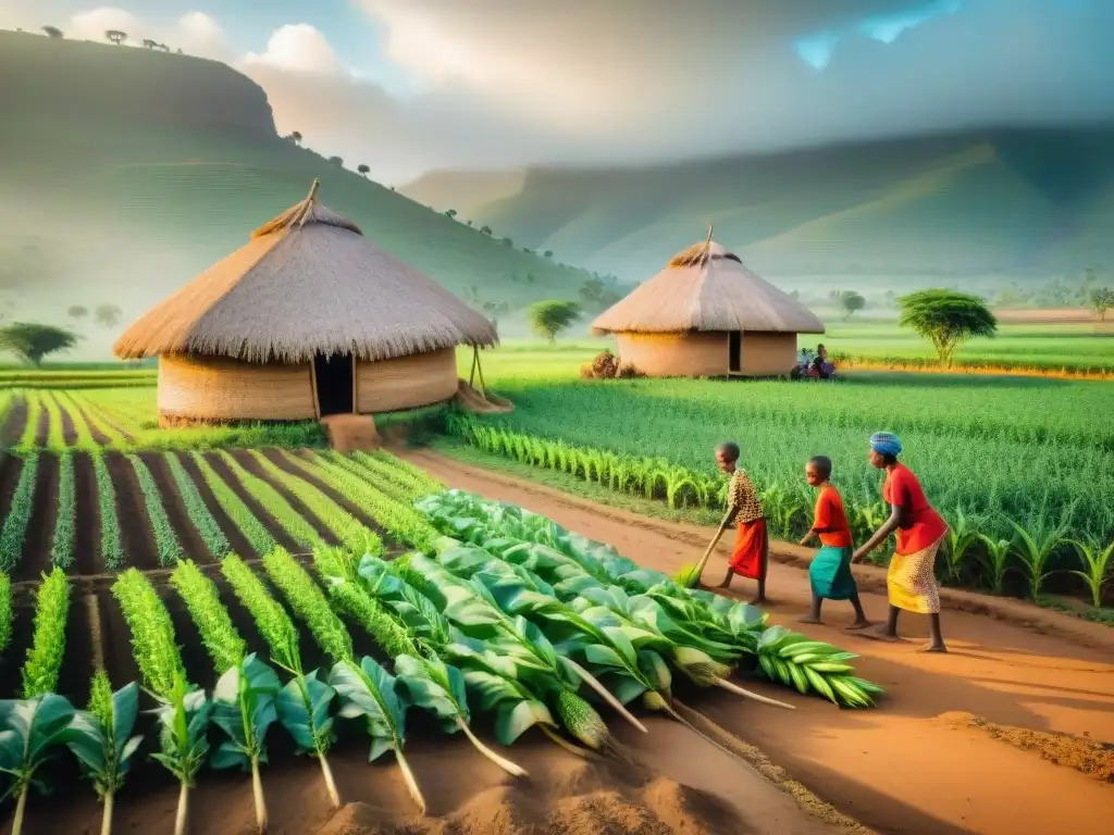 Agricultura tradicional en África: Agricultores africanos plantando cultivos en tierra fértil bajo el sol brillante