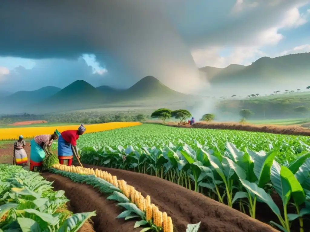 Agricultura tradicional en África: granjeros africanos trabajando juntos en un campo verde, cultivando cosechas coloridas bajo el sol brillante