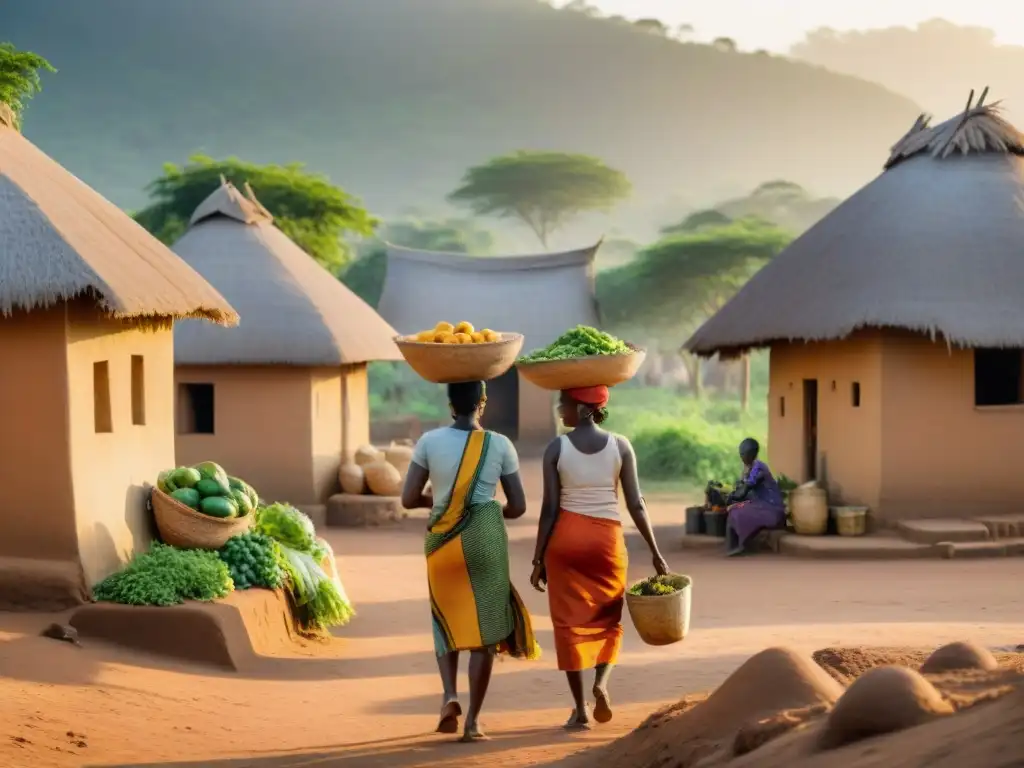 Una aldea africana sostenible con arquitectura tradicional, rodeada de naturaleza y habitantes felices