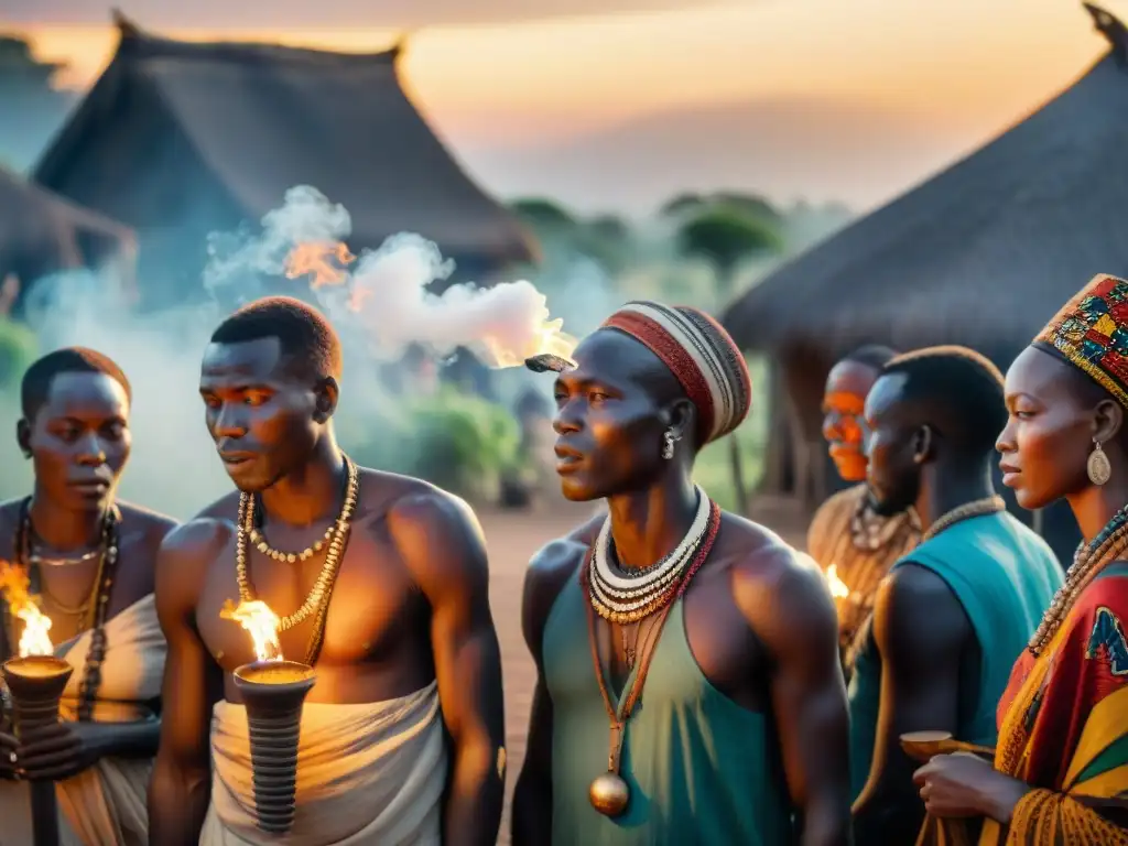 Una aldea africana tradicional en el atardecer, con una interacción entre humanos y espíritus en un ritual sagrado